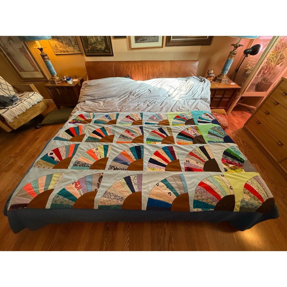 Vintage Beautiful Crazy Handmade Hand Stitched Patchwork Fan Quilt Top 72x48